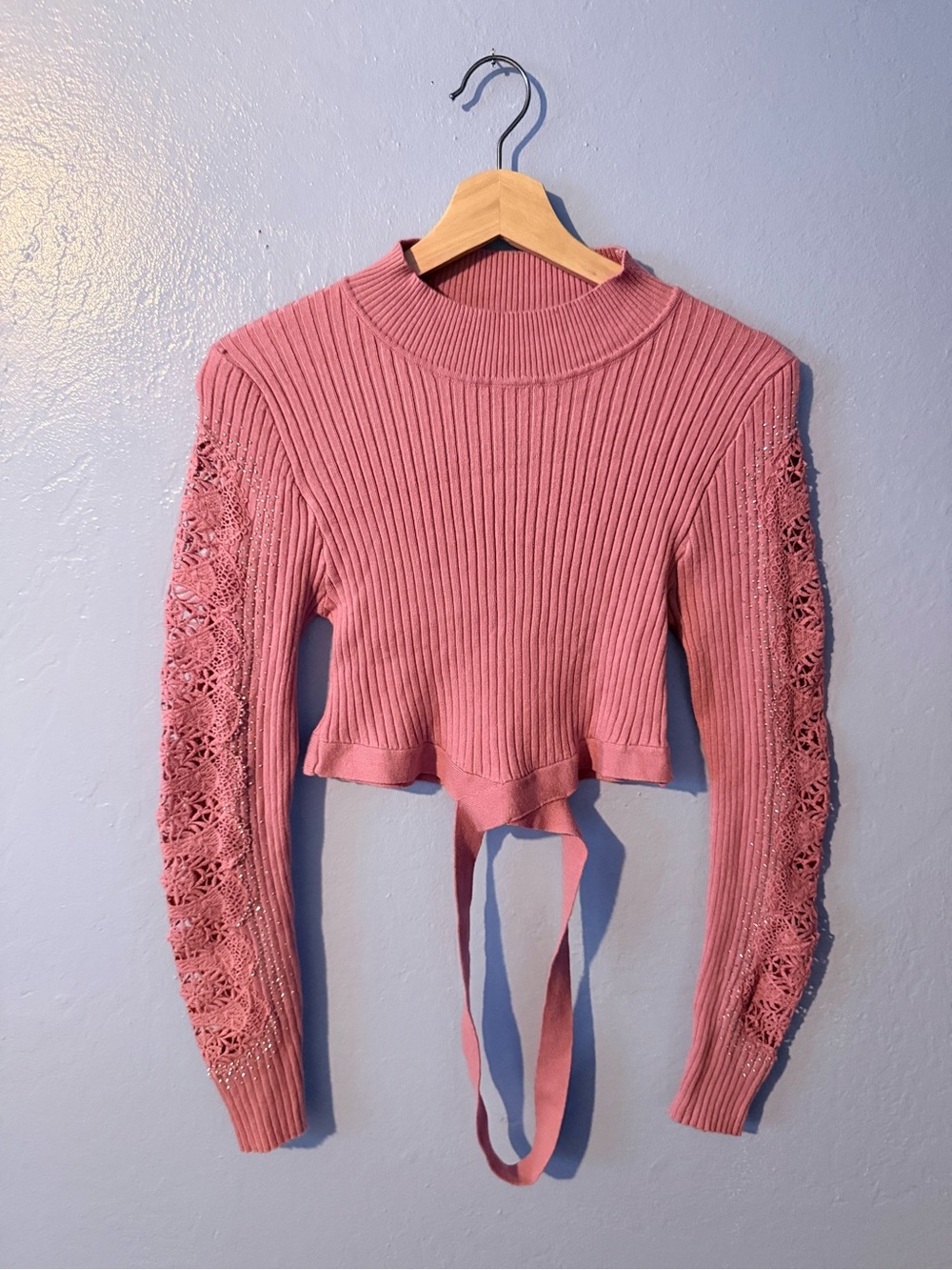 Sweet Rain Blush Pink Ribbed Lace-Sleeve Cropped Sweater